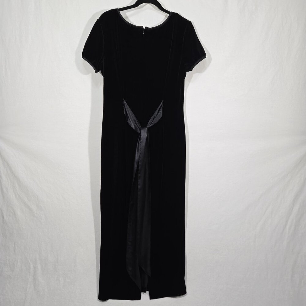 Vintage ROBBIE BEE Y2K Black VELVET Short Sleeve Back Tie Bow Mid-Maxi Dress 12